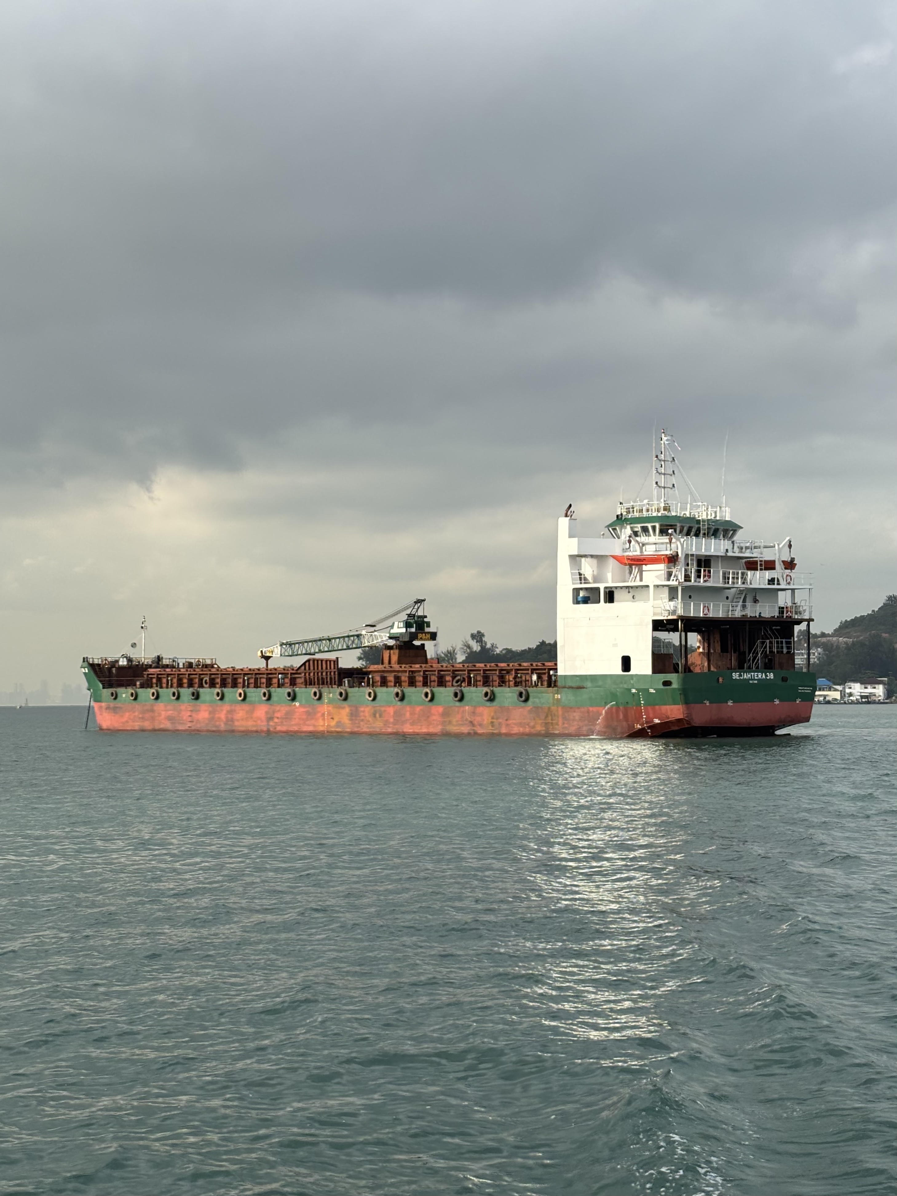 Vessel unloading general cargo alongside a river port terminal
